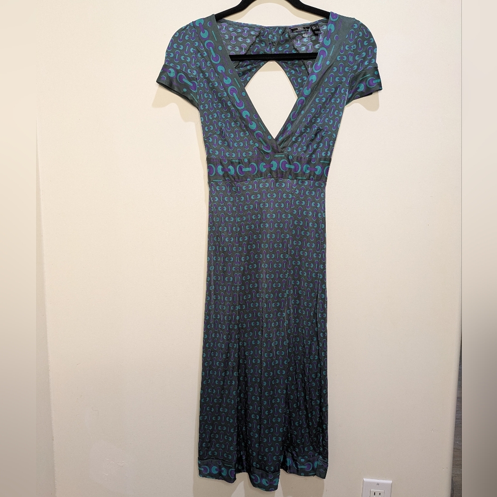 Mango MNG Satin Midi Knee Length Dress Low Back Grey Blue Shirt Sleeve Size XS